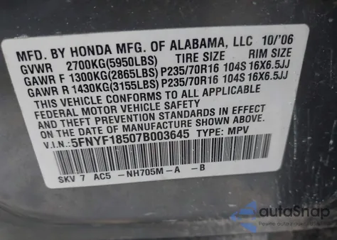 2007 Honda Pilot Ex-L from USA, damaged, VIN 5FNYF18507B003645